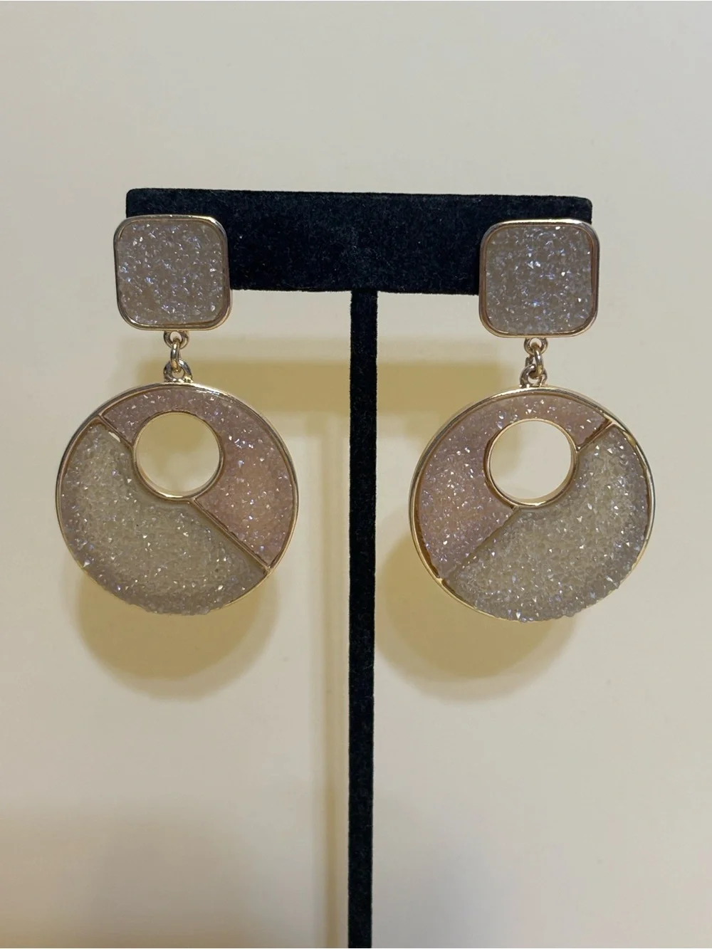 Sugarfix Gold-Tone Pale Pink and Cream Druzy Circle Drop Earrings 2-3/8”